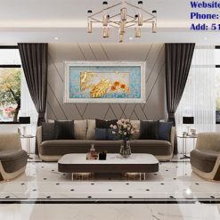 Tranh đôi chim công và hoa mẫu đơn trong phòng khách